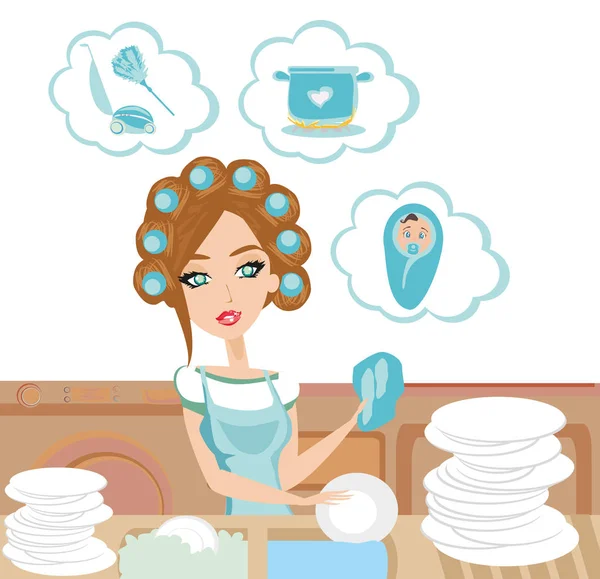 Ama de casa lavar los platos y piensa en otras tareas — Vector de stock