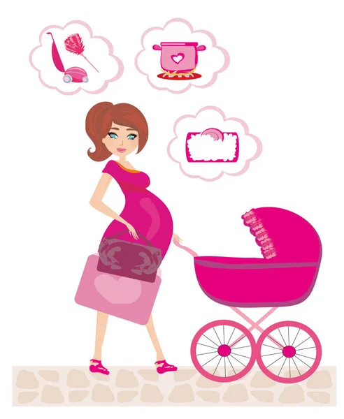 Беременная женщина толкает коляску и думает о домашней работе — стоковый вектор