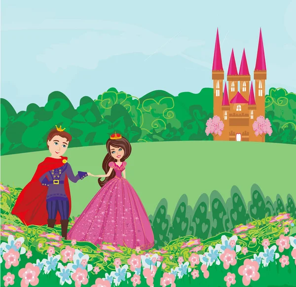 The princess and the prince in a beautiful garden — Stock Vector