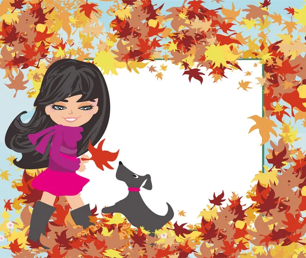 Girl playing with her dog in autumn - Abstract frame — Stock Vector