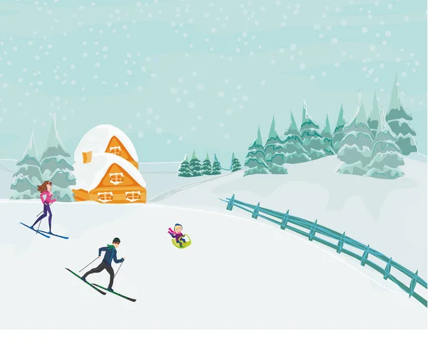 Skiën in de winterdag — Stockvector