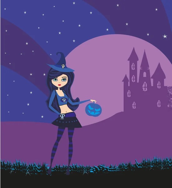 Halloween joven chica bruja — Vector de stock