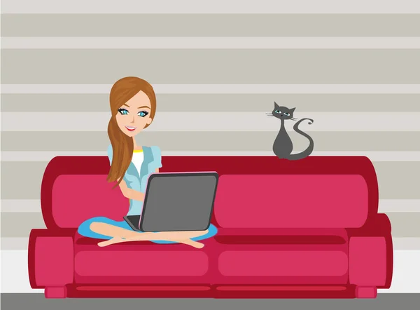 Wanita dengan laptop di sofa di rumah - Stok Vektor