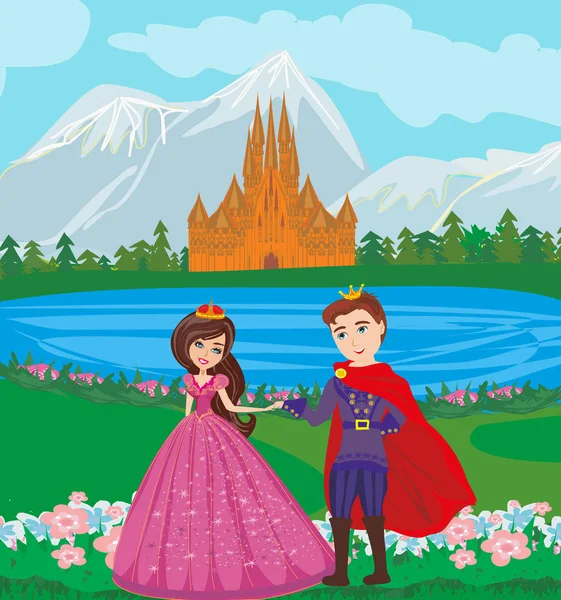 Hermoso castillo y princesa con príncipe — Vector de stock