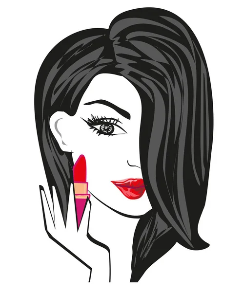 Belle femme brune mettant du rouge à lèvres sur — Image vectorielle