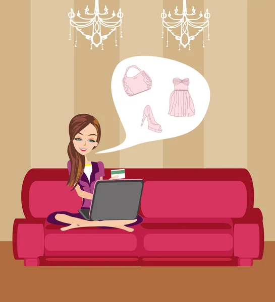 Happy Woman shopping en ligne . — Image vectorielle