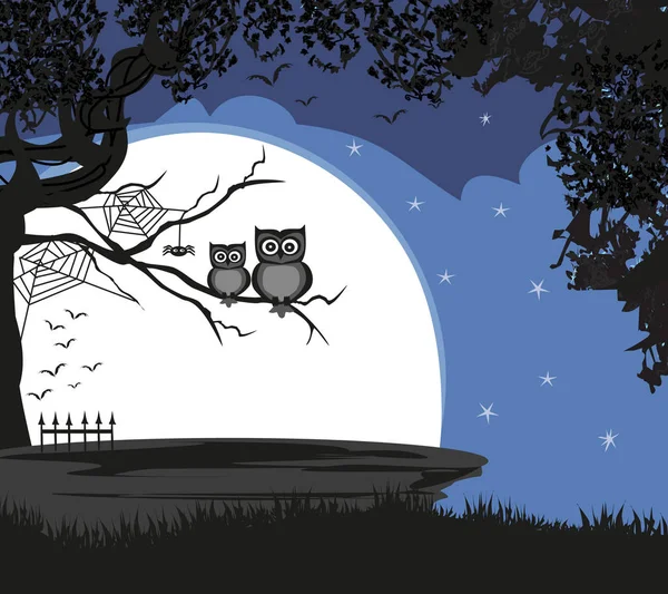 Carino illustrazione di Halloween con luna piena, pipistrelli e gufi — Vettoriale Stock