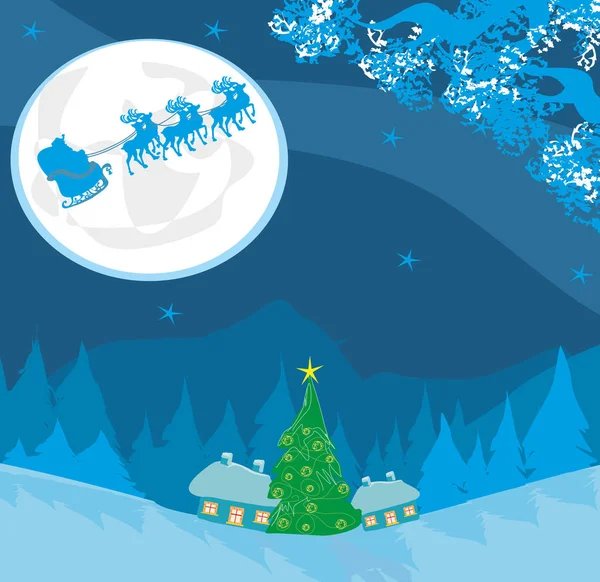 快乐圣诞卡片与圣诞老人和冬季风景 — 图库矢量图片