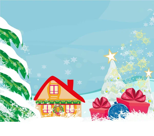 Cartão de Natal abstrato com um presente surpresa e landscap inverno — Vetor de Stock