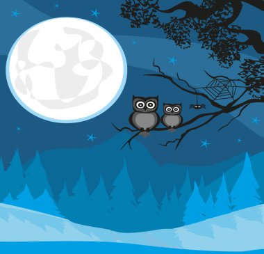 şirin Halloween illüstrasyon dolunay ve baykuş 