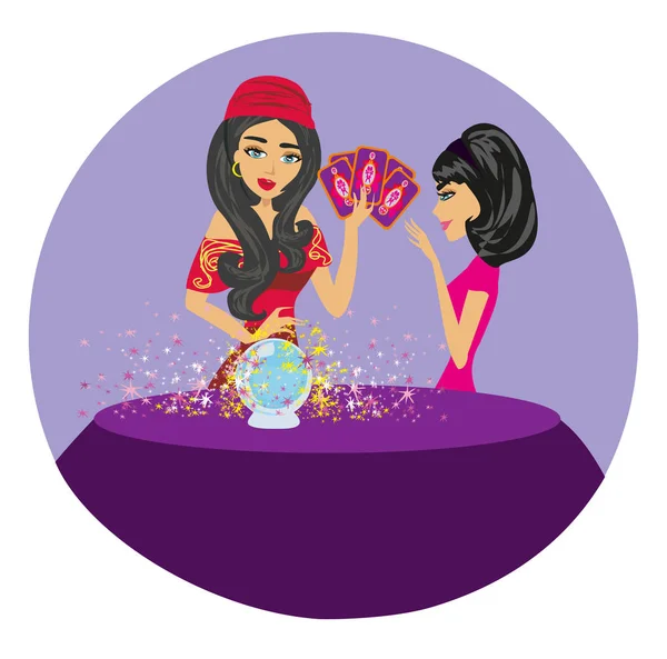 Fortune teller woman reading future on magical crystal ball — Stock Vector