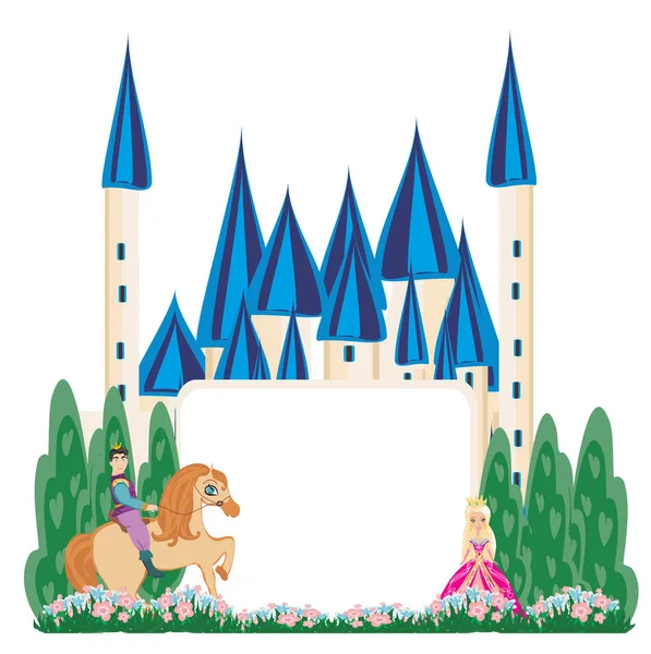 王子骑着马到城堡-抽象框架 — 图库矢量图片