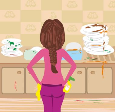 Housewife cleaning dirty kitchen clipart