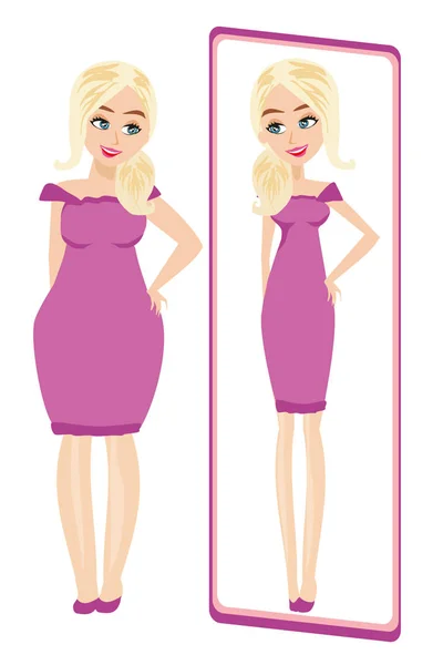 Full lady enjoys her slim reflection — Stock Vector