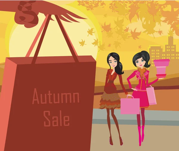 Modefrau und Herbsteinkaufskarte — Stockvektor