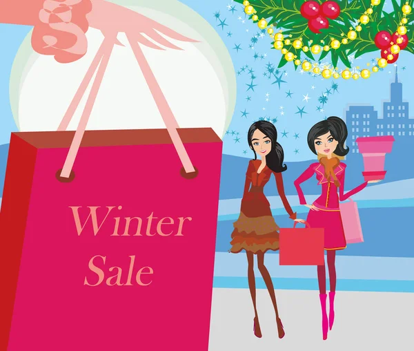 Moda mujer y tarjeta de compras de invierno — Vector de stock