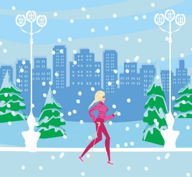 İskandinav yürüyüşü - aktif kadın kışın egzersiz yapıyor 