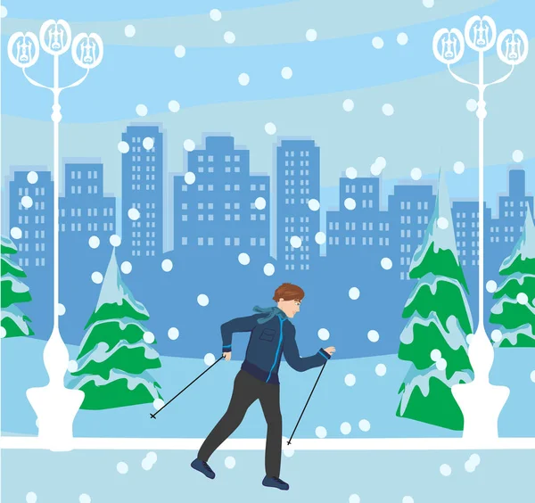 Nordic walking Man on snow — Stock Vector