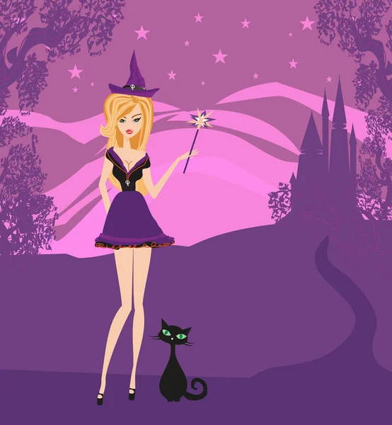 Invitación de Halloween con hermosa bruja y gato negro — Vector de stock