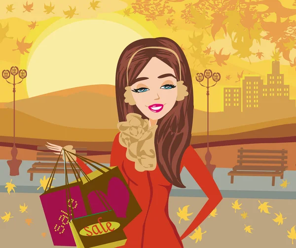Modefrau beim Herbsteinkauf — Stockvektor