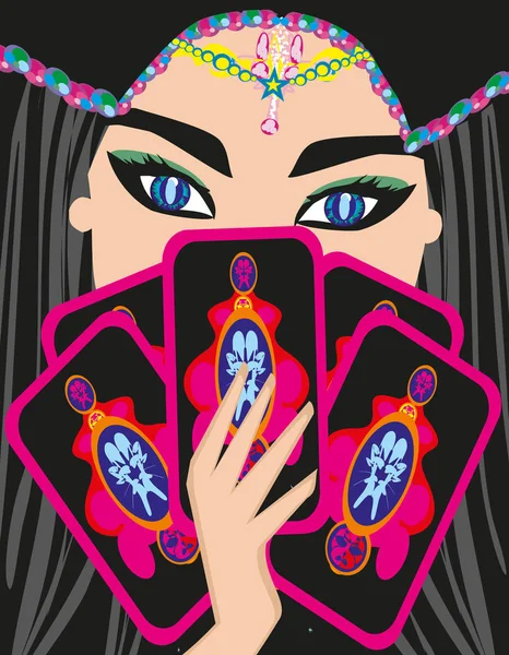 Fortuneteller kobieta czyta przyszłość z kart — Wektor stockowy