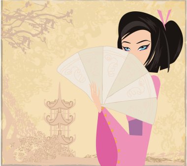 Asyalı kızla soyut manzara