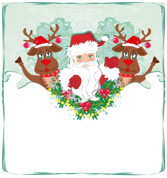 Χριστουγεννιάτικη κάρτα με τον Άγιο Βασίλη και ευτυχισμένη τάρανδος — Διανυσματικό Αρχείο