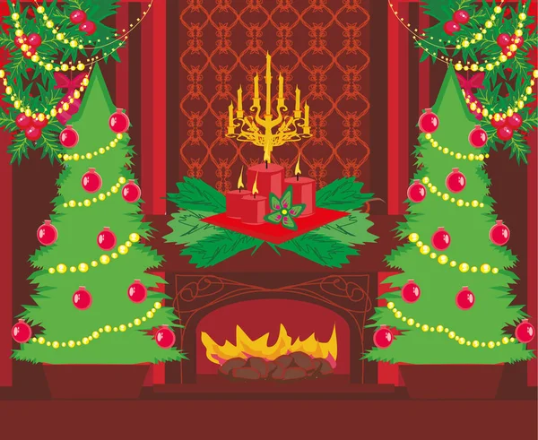 クリスマスツリーとリビングルームのファッショナブルなインテリア — ストックベクタ