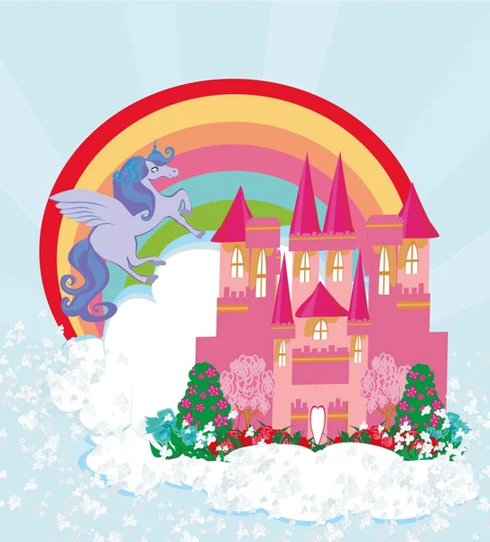 Beau château de princesse licorne et conte de fées — Image vectorielle