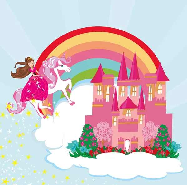Chica en un unicornio volando en un arco iris — Vector de stock