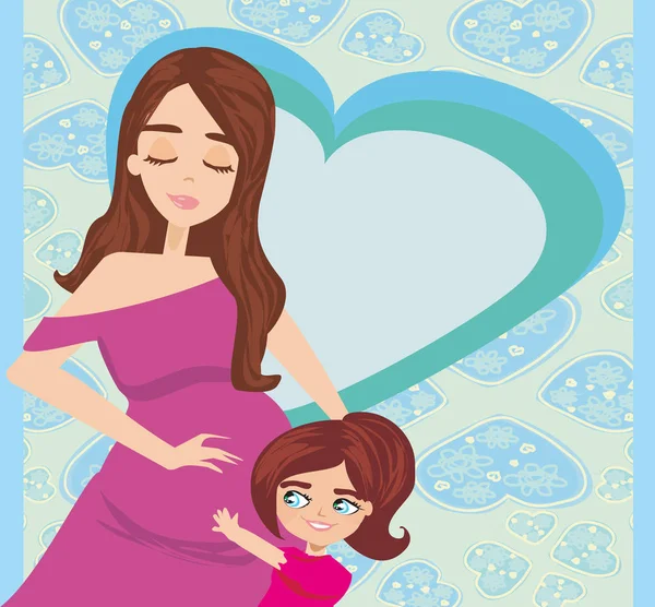 Ευτυχισμένο παιδί κορίτσι αγκαλιάζει έγκυος μητέρα κοιλιά — Διανυσματικό Αρχείο