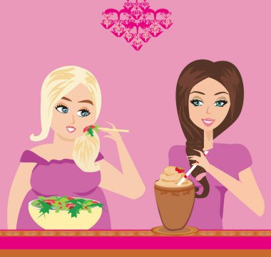 Illustration of thick and thin girls in restaurant clipart