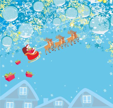 Noel Baba hediyelerle dolu çuvalla uçuyor. 