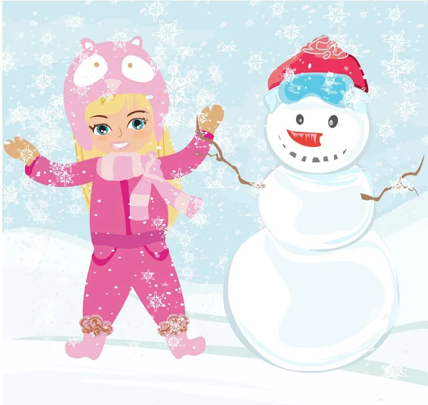 Little girl and snowman — Stock Vector