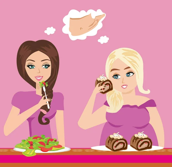 Illustration av tjocka och tunna flickor i restaurang — Stock vektor