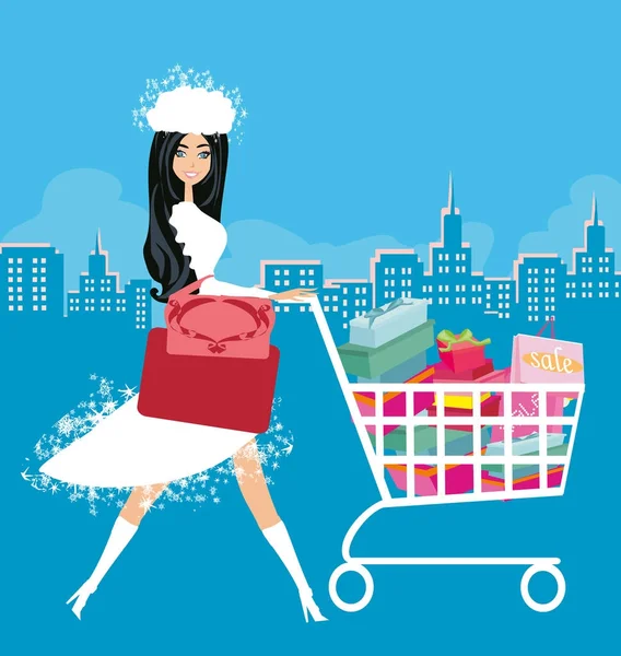 Jeune femme sur Noël shopping — Image vectorielle