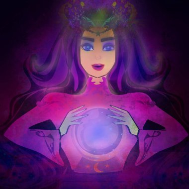 Falcı kadın sihirli kristal kürede geleceği okuyor.