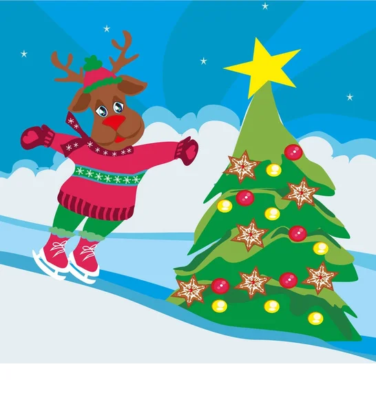 Kerst Rendier met sjaal schaatsen - kaart — Stockvector