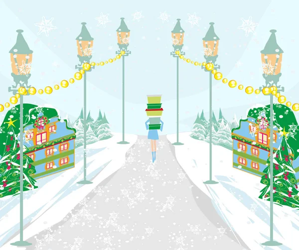 Shopping d'hiver fille avec la boîte — Image vectorielle