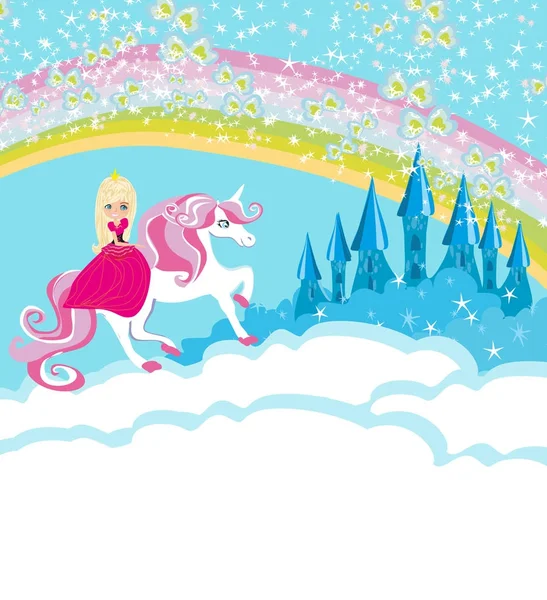 Gökkuşağında uçan tek boynuzlu at üzerindeki güzel prenses — Stok Vektör
