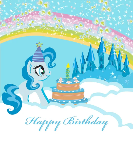 Tek boynuzlu at ve doğum günü pastası ile çerçeve — Stok Vektör