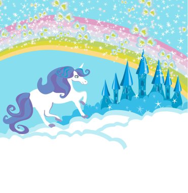 Güzel bir tek boynuzlu atın olduğu bir kart.