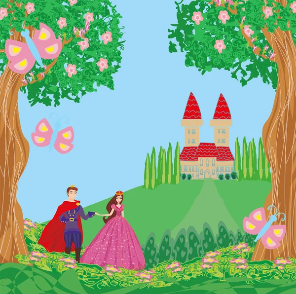 La principessa e il principe in un bellissimo giardino — Vettoriale Stock