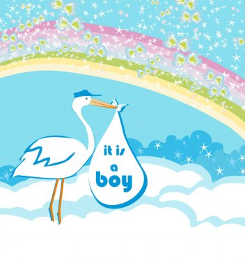 Bebek çocuk kartı - erkek bir bebek teslim bir leylek.