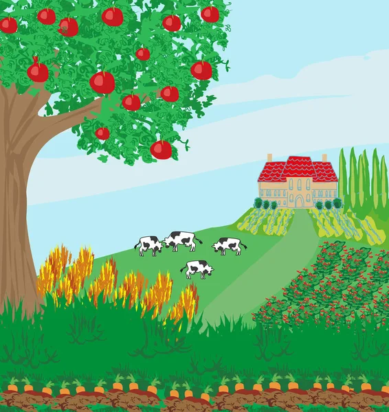 Paisaje rural con vacas — Vector de stock