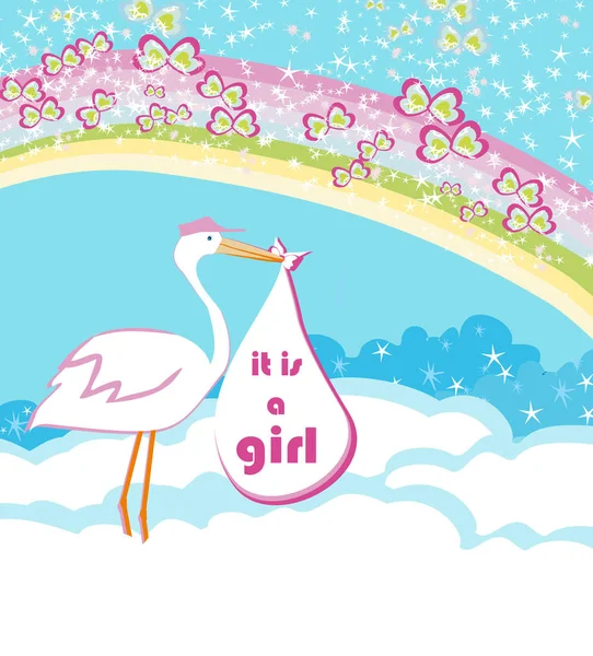 Baby girl Card - A stork delivering a baby girl — Stock Vector