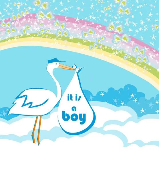 Bebek çocuk kartı - erkek bir bebek teslim bir leylek.