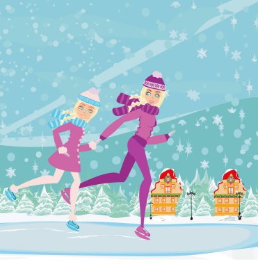 Anne ve tatlı kızı buz pateni pistinde. 