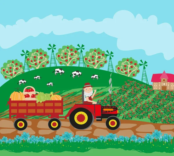 Tractor en campo paisaje rural — Vector de stock