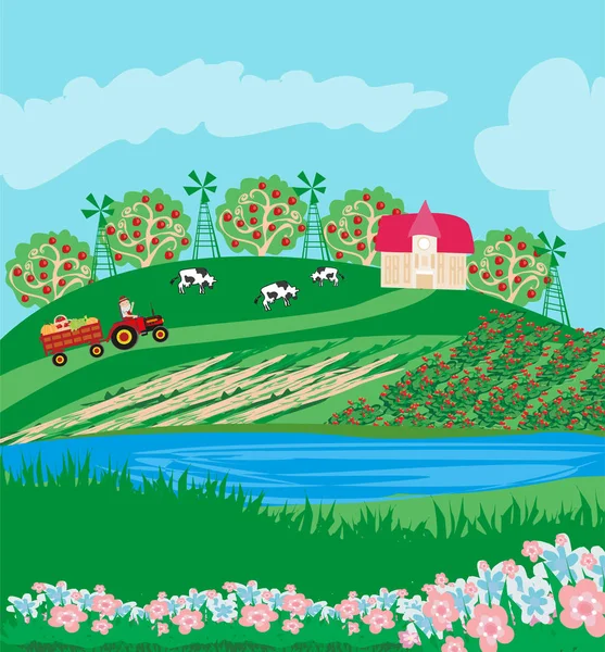 Трактор на полевых сельских пейзажах — стоковый вектор